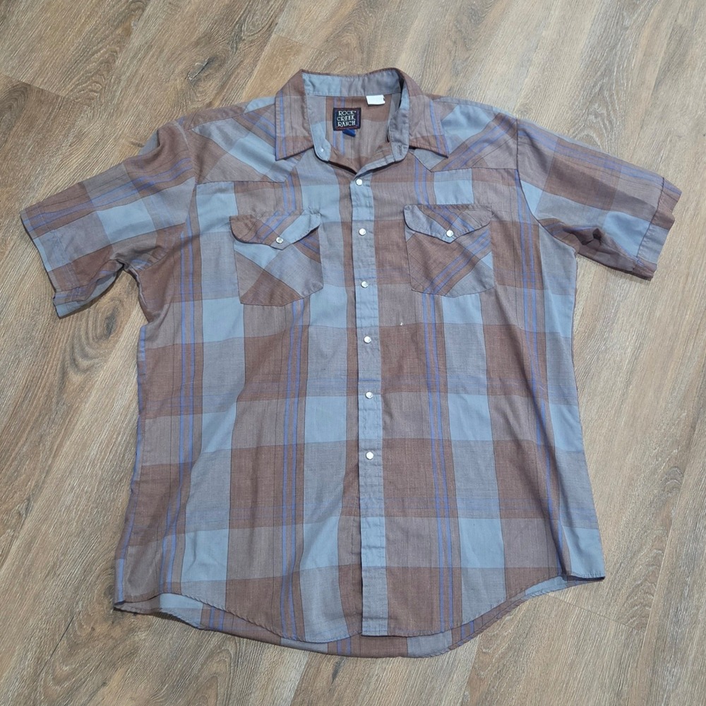 Rock Creek Ranch Mens XLT Western Pearl Snap Shirt Plaid Short Sleeve Brown Blue